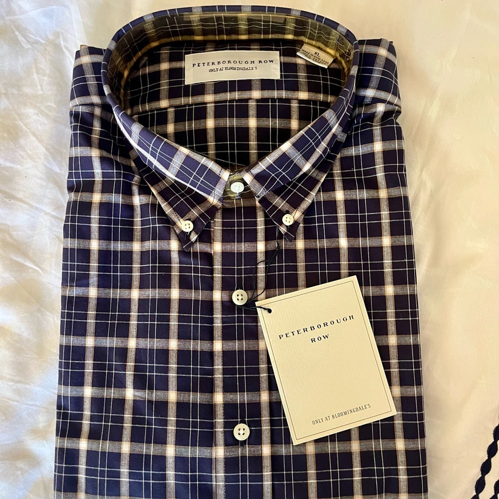Men's Navy Plaid Button-Down Dress Shirt
